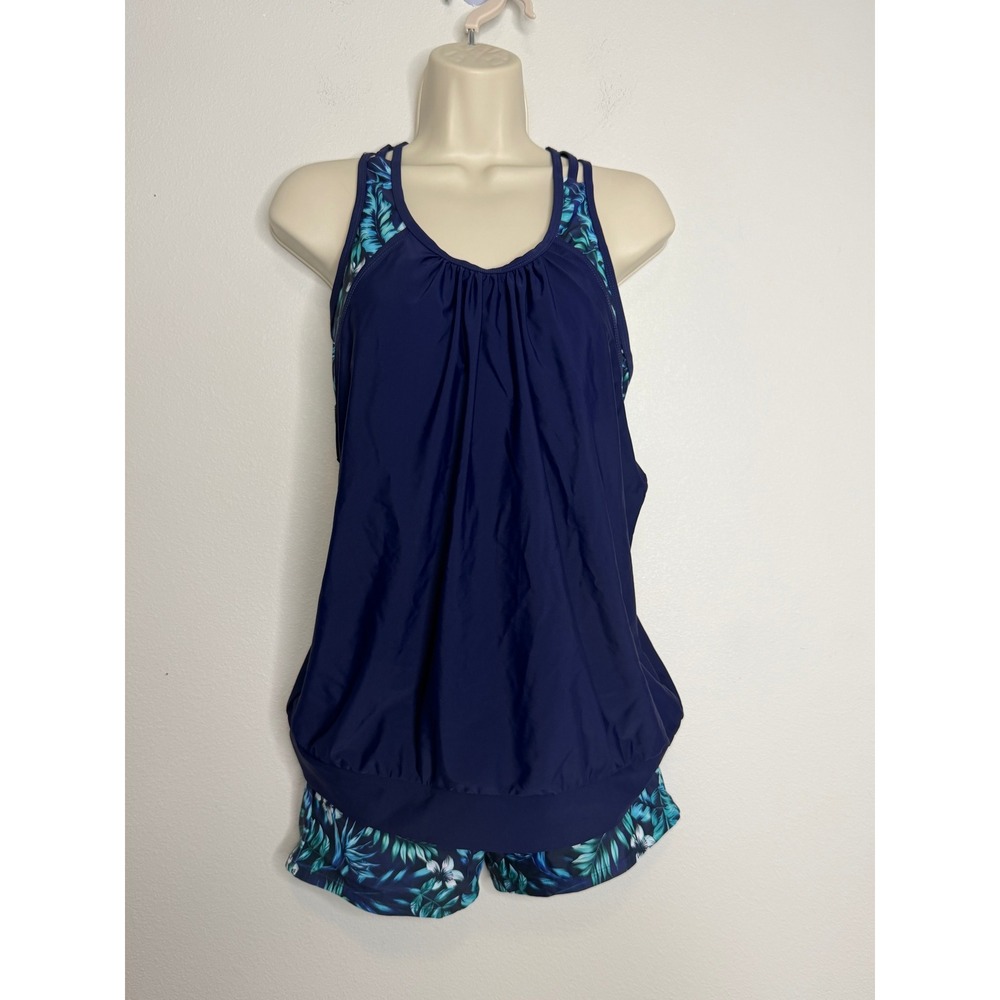 Yonique Women's Blue Tropical Floral Blouson Tankini Swimsuit Set Medium